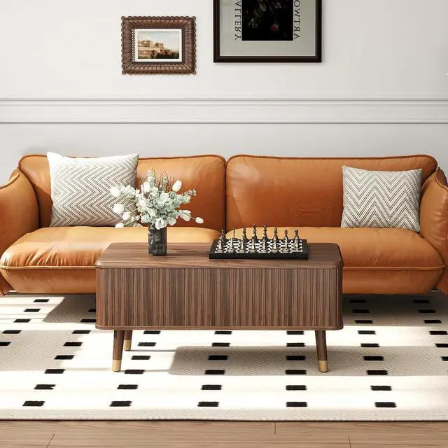Alt view image 7 of 7 - Fluted Lift Top Coffee Table with Storage Shelf & Hidden Compartment, Mid Century Modern Rectangle Dining Table for Living Room, Home Office, Walnut