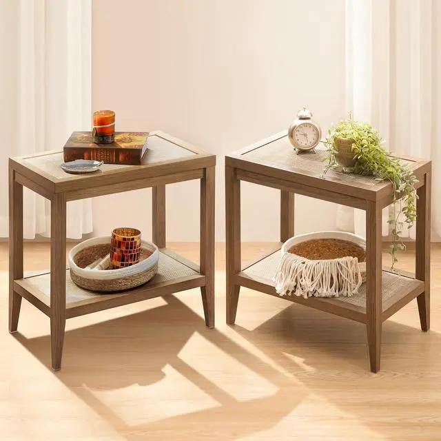 Main image of SICOTAS Rattan Nightstands Set of 2 Bedside Table - Boho Narrow End Table Living Room Set of 2 Side Table with Rattan Storage Shelves for Small Space