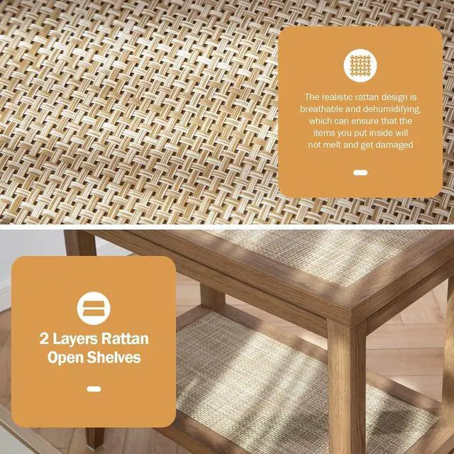 Alt view image 3 of 7 - SICOTAS Rattan Nightstands Set of 2 Bedside Table - Boho Narrow End Table Living Room Set of 2 Side Table with Rattan Storage Shelves for Small Space