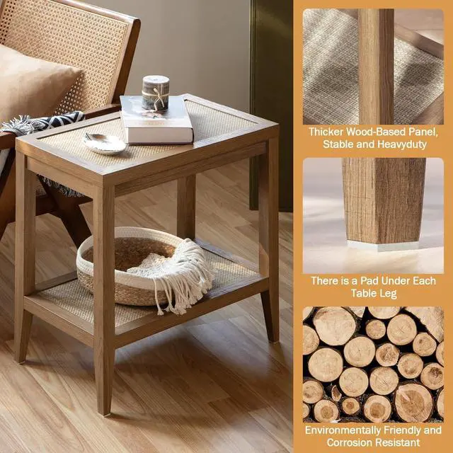 Alt view image 4 of 7 - SICOTAS Rattan Nightstands Set of 2 Bedside Table - Boho Narrow End Table Living Room Set of 2 Side Table with Rattan Storage Shelves for Small Space