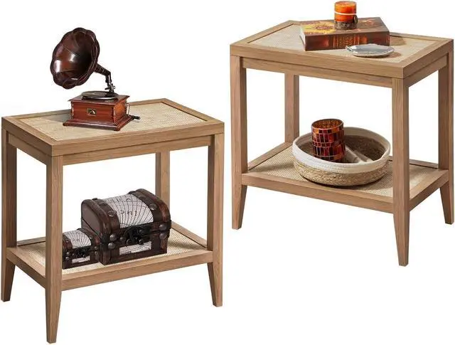Alt view image 6 of 7 - SICOTAS Rattan Nightstands Set of 2 Bedside Table - Boho Narrow End Table Living Room Set of 2 Side Table with Rattan Storage Shelves for Small Space