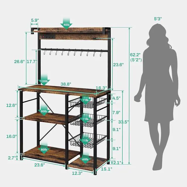 Alt view image 2 of 7 - Large Bakers Rack with Power Outlets 38.8 Inches, 15 Hooks Coffee Bar with 3 Wire Basket, Microwave Stand Kitchen Storage Shelf for Spices, Cups, Pots, 38.8 x 16.3 x 62.2 in, Rustic Brown