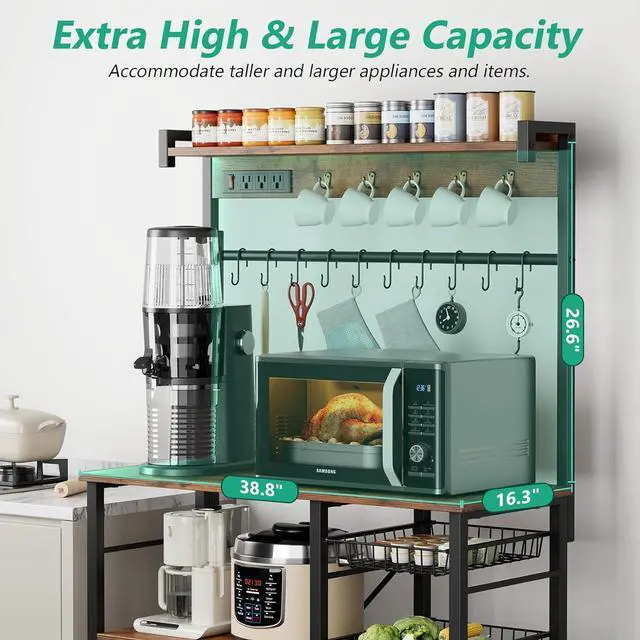 Alt view image 4 of 7 - Large Bakers Rack with Power Outlets 38.8 Inches, 15 Hooks Coffee Bar with 3 Wire Basket, Microwave Stand Kitchen Storage Shelf for Spices, Cups, Pots, 38.8 x 16.3 x 62.2 in, Rustic Brown