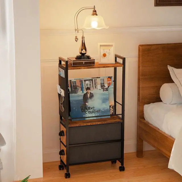 Alt view image 2 of 7 - Small Side End Table with Drawer for Small Spaces, Narrow Slim Nightstand Bedside Sofa Table with Wheels, Space Saving Skinny Thin Couch Coffee Desk with Storage Bag for Bedroom Living Room