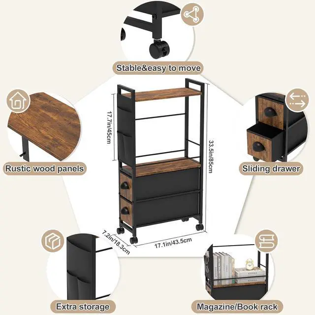 Alt view image 3 of 7 - Small Side End Table with Drawer for Small Spaces, Narrow Slim Nightstand Bedside Sofa Table with Wheels, Space Saving Skinny Thin Couch Coffee Desk with Storage Bag for Bedroom Living Room