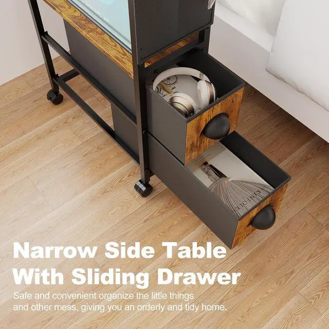 Alt view image 4 of 7 - Small Side End Table with Drawer for Small Spaces, Narrow Slim Nightstand Bedside Sofa Table with Wheels, Space Saving Skinny Thin Couch Coffee Desk with Storage Bag for Bedroom Living Room