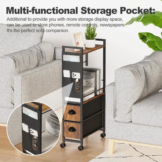 Alt view image 5 of 7 - Small Side End Table with Drawer for Small Spaces, Narrow Slim Nightstand Bedside Sofa Table with Wheels, Space Saving Skinny Thin Couch Coffee Desk with Storage Bag for Bedroom Living Room