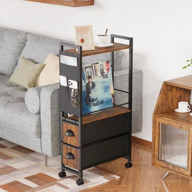 Alt view image 6 of 7 - Small Side End Table with Drawer for Small Spaces, Narrow Slim Nightstand Bedside Sofa Table with Wheels, Space Saving Skinny Thin Couch Coffee Desk with Storage Bag for Bedroom Living Room
