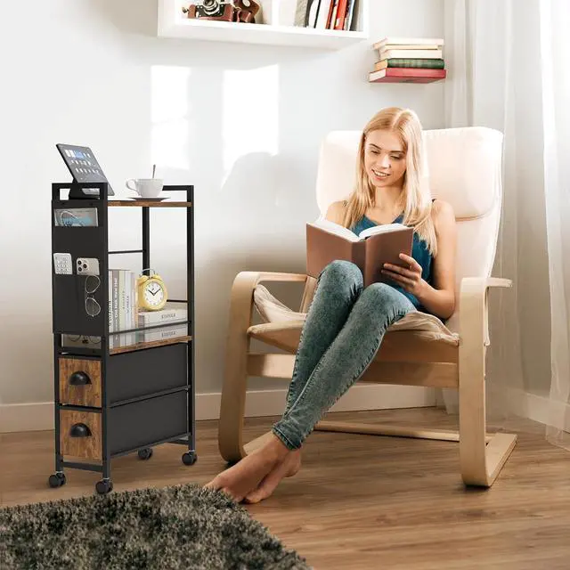 Alt view image 7 of 7 - Small Side End Table with Drawer for Small Spaces, Narrow Slim Nightstand Bedside Sofa Table with Wheels, Space Saving Skinny Thin Couch Coffee Desk with Storage Bag for Bedroom Living Room