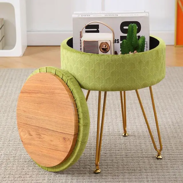 Main image of Cpintltr Velvet Storage Ottoman Round Footrest Stool Multifunctional Upholstered Ottoman Modern Accent Vanity Stools Tray Top Coffee Table Suitable for Living Room Bedroom Entryway Macha Green