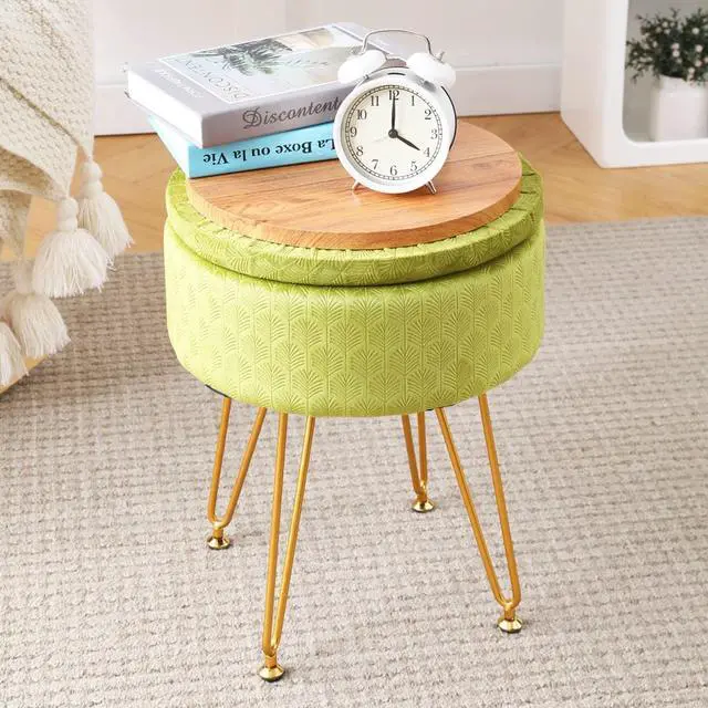 Alt view image 3 of 7 - Cpintltr Velvet Storage Ottoman Round Footrest Stool Multifunctional Upholstered Ottoman Modern Accent Vanity Stools Tray Top Coffee Table Suitable for Living Room Bedroom Entryway Macha Green