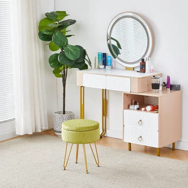 Alt view image 4 of 7 - Cpintltr Velvet Storage Ottoman Round Footrest Stool Multifunctional Upholstered Ottoman Modern Accent Vanity Stools Tray Top Coffee Table Suitable for Living Room Bedroom Entryway Macha Green
