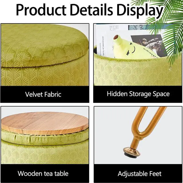 Alt view image 7 of 7 - Cpintltr Velvet Storage Ottoman Round Footrest Stool Multifunctional Upholstered Ottoman Modern Accent Vanity Stools Tray Top Coffee Table Suitable for Living Room Bedroom Entryway Macha Green