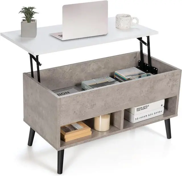 Main image of Tangkula Lift Top Coffee Table, Wooden Lift Tabletop Dining Table with Hidden Storage & 2 Open Shelves, Metal Hydraulic Lifting Device, 4 Pine Legs, Rising Tabletop Central Table for Living Room