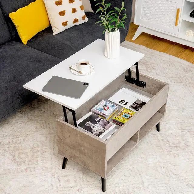 Alt view image 2 of 7 - Tangkula Lift Top Coffee Table, Wooden Lift Tabletop Dining Table with Hidden Storage & 2 Open Shelves, Metal Hydraulic Lifting Device, 4 Pine Legs, Rising Tabletop Central Table for Living Room