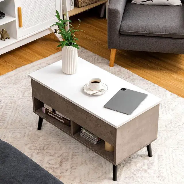 Alt view image 4 of 7 - Tangkula Lift Top Coffee Table, Wooden Lift Tabletop Dining Table with Hidden Storage & 2 Open Shelves, Metal Hydraulic Lifting Device, 4 Pine Legs, Rising Tabletop Central Table for Living Room