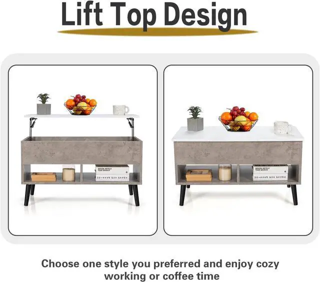 Alt view image 5 of 7 - Tangkula Lift Top Coffee Table, Wooden Lift Tabletop Dining Table with Hidden Storage & 2 Open Shelves, Metal Hydraulic Lifting Device, 4 Pine Legs, Rising Tabletop Central Table for Living Room