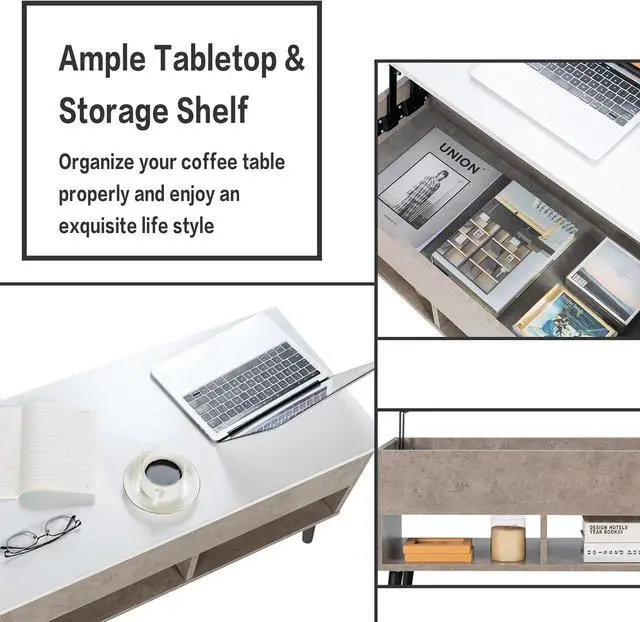 Alt view image 7 of 7 - Tangkula Lift Top Coffee Table, Wooden Lift Tabletop Dining Table with Hidden Storage & 2 Open Shelves, Metal Hydraulic Lifting Device, 4 Pine Legs, Rising Tabletop Central Table for Living Room