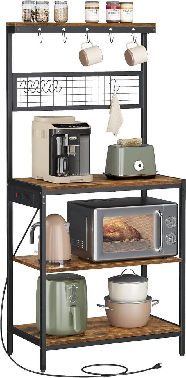 Main image of VASAGLE Bakers Rack with Charging Station, 31.5 Inches Coffee Bar Stand with Adjustable Storage Shelf, Grid Panel, 12 Hooks, Table for Microwave, Kitchen, Rustic Brown and Ink Black UKKS016K01