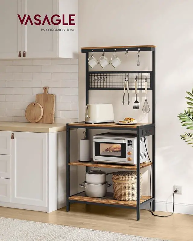 Alt view image 2 of 7 - VASAGLE Bakers Rack with Charging Station, 31.5 Inches Coffee Bar Stand with Adjustable Storage Shelf, Grid Panel, 12 Hooks, Table for Microwave, Kitchen, Rustic Brown and Ink Black UKKS016K01