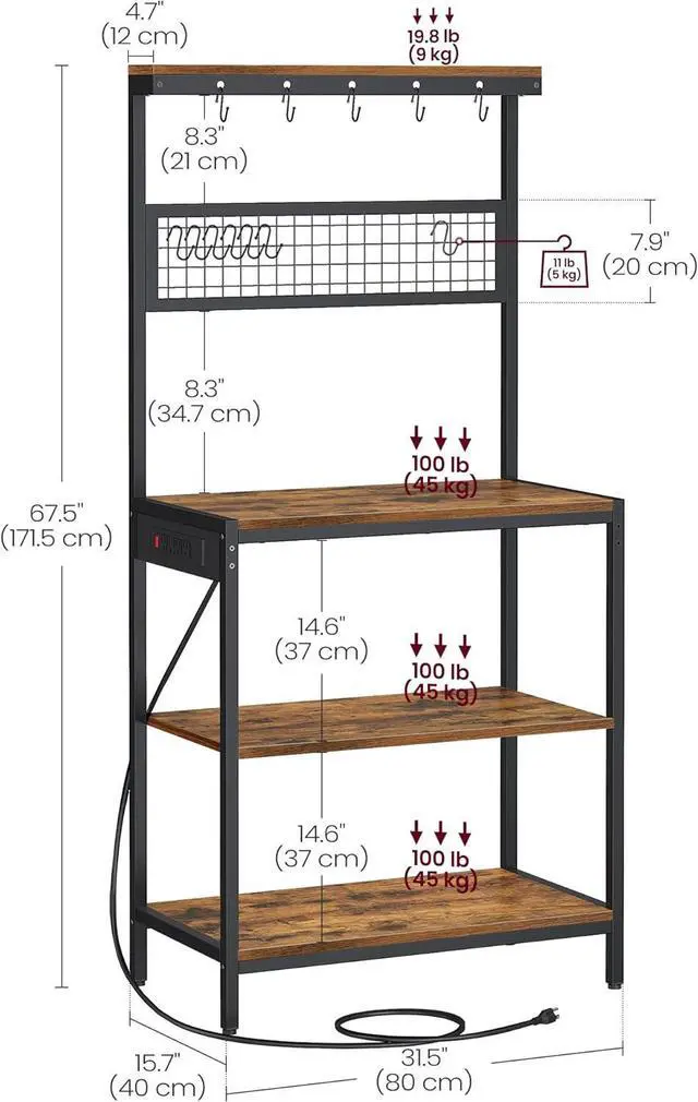 Alt view image 3 of 7 - VASAGLE Bakers Rack with Charging Station, 31.5 Inches Coffee Bar Stand with Adjustable Storage Shelf, Grid Panel, 12 Hooks, Table for Microwave, Kitchen, Rustic Brown and Ink Black UKKS016K01