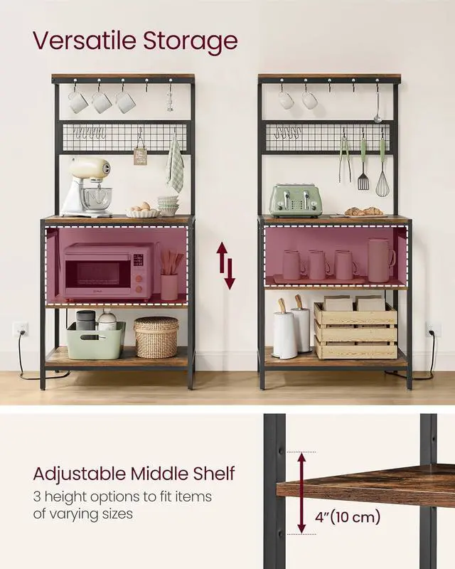 Alt view image 4 of 7 - VASAGLE Bakers Rack with Charging Station, 31.5 Inches Coffee Bar Stand with Adjustable Storage Shelf, Grid Panel, 12 Hooks, Table for Microwave, Kitchen, Rustic Brown and Ink Black UKKS016K01