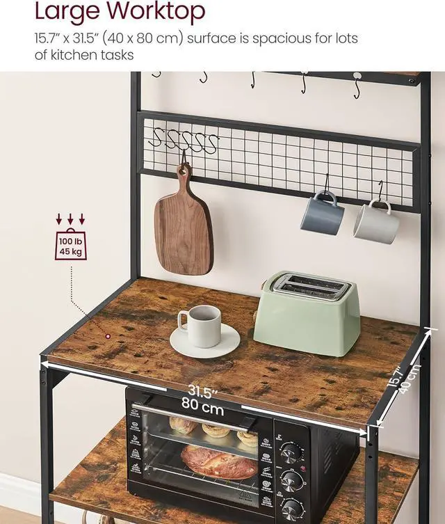 Alt view image 5 of 7 - VASAGLE Bakers Rack with Charging Station, 31.5 Inches Coffee Bar Stand with Adjustable Storage Shelf, Grid Panel, 12 Hooks, Table for Microwave, Kitchen, Rustic Brown and Ink Black UKKS016K01