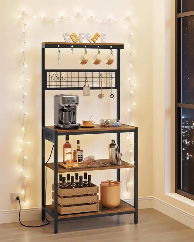 Alt view image 7 of 7 - VASAGLE Bakers Rack with Charging Station, 31.5 Inches Coffee Bar Stand with Adjustable Storage Shelf, Grid Panel, 12 Hooks, Table for Microwave, Kitchen, Rustic Brown and Ink Black UKKS016K01