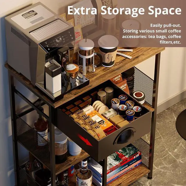 Alt view image 4 of 7 - X-cosrack Farmhouse Small Coffee Bar Stand with Drawer 5-Layer Staggered Corner Coffee Station Rustic Wood Coffee Bar Babinet for Kitchen, Living Room, Coffee Oranization (Black & Brown)