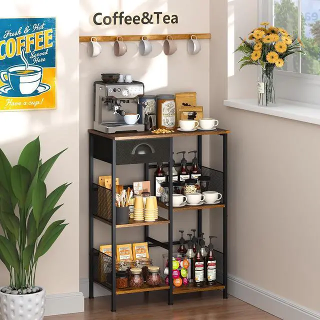 Alt view image 5 of 7 - X-cosrack Farmhouse Small Coffee Bar Stand with Drawer 5-Layer Staggered Corner Coffee Station Rustic Wood Coffee Bar Babinet for Kitchen, Living Room, Coffee Oranization (Black & Brown)