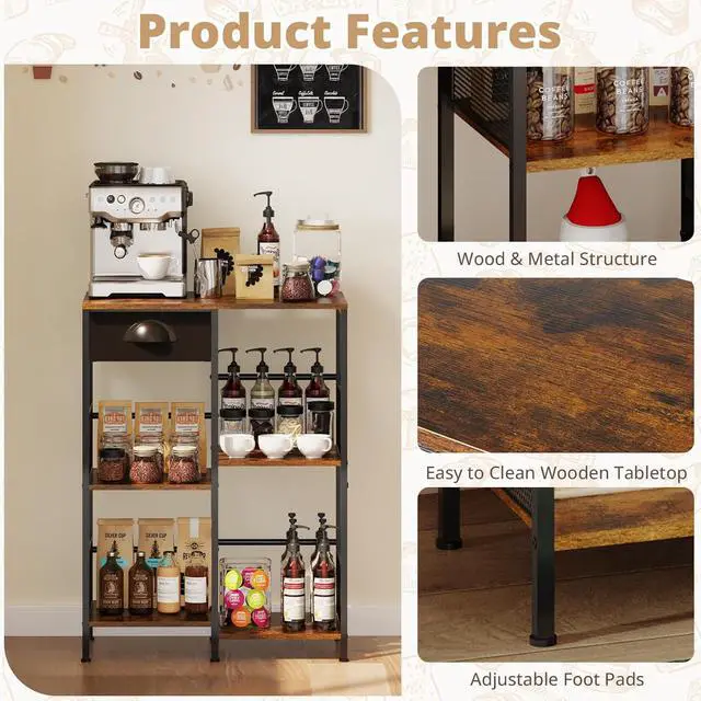 Alt view image 6 of 7 - X-cosrack Farmhouse Small Coffee Bar Stand with Drawer 5-Layer Staggered Corner Coffee Station Rustic Wood Coffee Bar Babinet for Kitchen, Living Room, Coffee Oranization (Black & Brown)