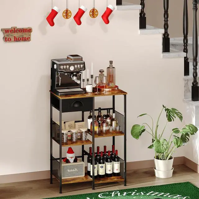 Alt view image 7 of 7 - X-cosrack Farmhouse Small Coffee Bar Stand with Drawer 5-Layer Staggered Corner Coffee Station Rustic Wood Coffee Bar Babinet for Kitchen, Living Room, Coffee Oranization (Black & Brown)