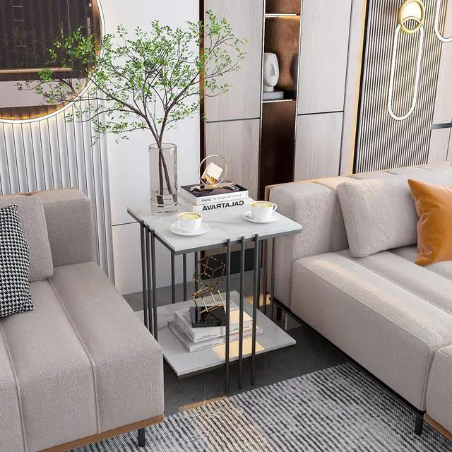 Alt view image 2 of 7 - Wisfor Sintered Stone End Table: 2 Tier Square White Sofa Side Table - Small Coffee Table with Black Frame - Modern Bedside Nightstand for Living Room Bedroom