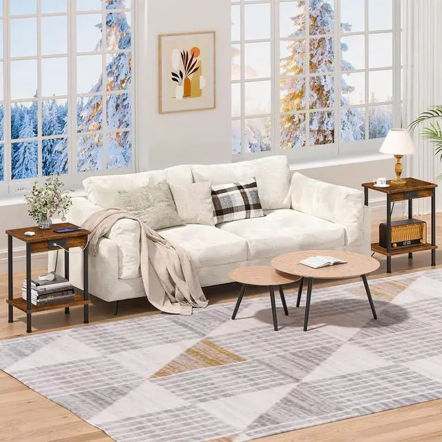 Alt view image 5 of 6 - End Table with Charging Station,Small Side Table,2-Tier Nightstand with Storage Shelf,Sofa Bedside Table for Small Spaces in Living Room,Bedroom,Office,Easy Assembly,Rustic Brown