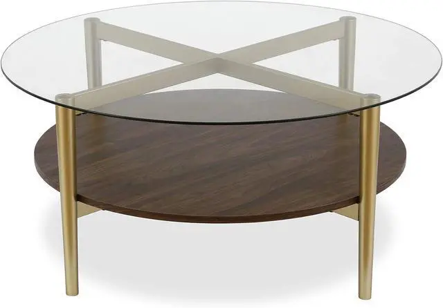 Main image of Otto 36'' Wide Round Coffee Table with MDF Shelf in Gold/Walnut