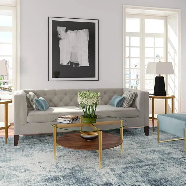 Alt view image 2 of 5 - Otto 36'' Wide Round Coffee Table with MDF Shelf in Gold/Walnut