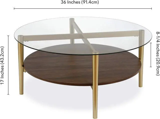 Alt view image 3 of 5 - Otto 36'' Wide Round Coffee Table with MDF Shelf in Gold/Walnut