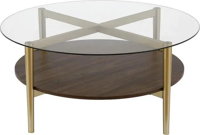 Alt view image 5 of 5 - Otto 36'' Wide Round Coffee Table with MDF Shelf in Gold/Walnut