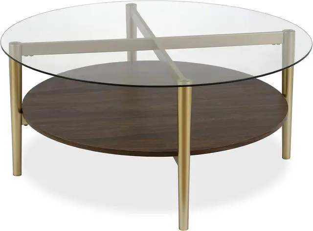 Alt view image 4 of 5 - Otto 36'' Wide Round Coffee Table with MDF Shelf in Gold/Walnut