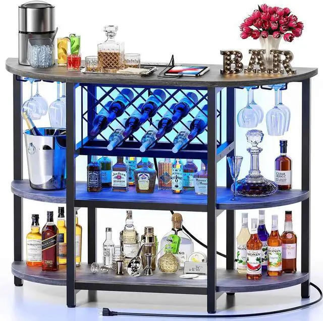 Main image of Zarler Bar Cart Bar Table with Power Outlet, LED Home Bar Cabinet for Liquor, Metal Mini Bar Coffee Bar with 4-Tier Storage, Easy to Assemble, Grey