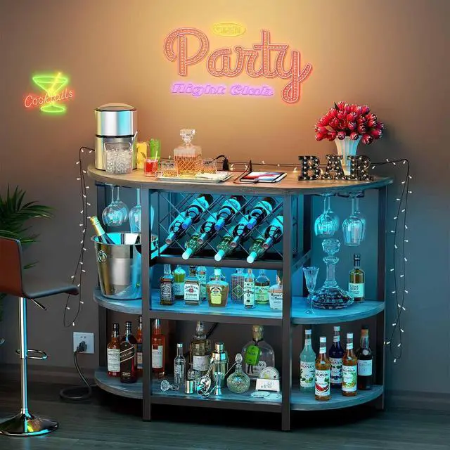 Alt view image 2 of 7 - Zarler Bar Cart Bar Table with Power Outlet, LED Home Bar Cabinet for Liquor, Metal Mini Bar Coffee Bar with 4-Tier Storage, Easy to Assemble, Grey