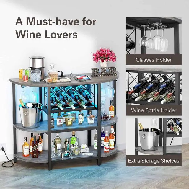 Alt view image 6 of 7 - Zarler Bar Cart Bar Table with Power Outlet, LED Home Bar Cabinet for Liquor, Metal Mini Bar Coffee Bar with 4-Tier Storage, Easy to Assemble, Grey