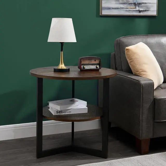 Main image of MODERION Large End Table with Storage Shelf Rustic Circular Sofa Side Table with Black Metal Legs Solid Wood Nightstand Telephone Table for Living Room Bedroom 25.2D x 24H Natural Brown CJZ1338NC