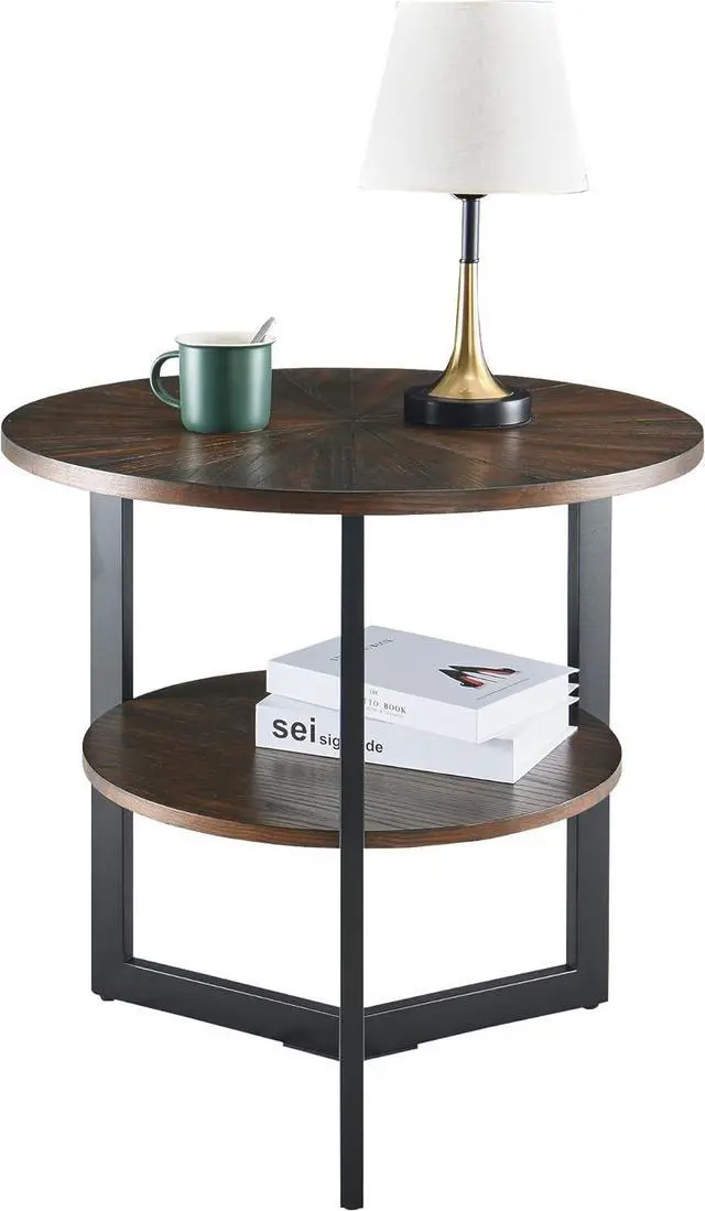 Alt view image 4 of 7 - MODERION Large End Table with Storage Shelf Rustic Circular Sofa Side Table with Black Metal Legs Solid Wood Nightstand Telephone Table for Living Room Bedroom 25.2D x 24H Natural Brown CJZ1338NC