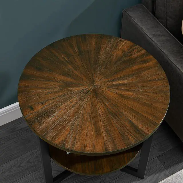 Alt view image 3 of 7 - MODERION Large End Table with Storage Shelf Rustic Circular Sofa Side Table with Black Metal Legs Solid Wood Nightstand Telephone Table for Living Room Bedroom 25.2D x 24H Natural Brown CJZ1338NC