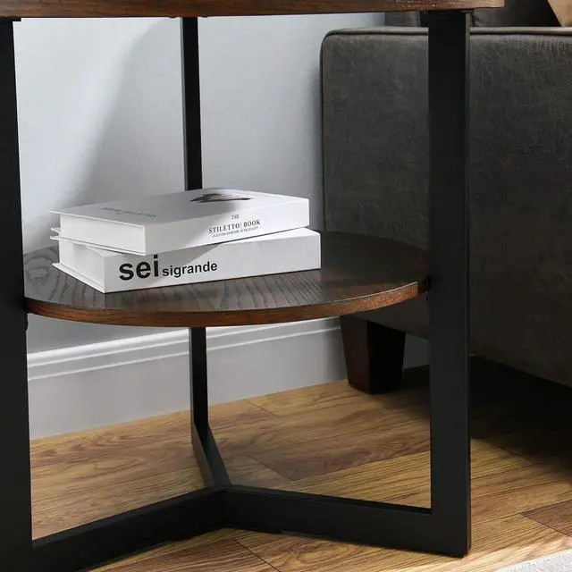 Alt view image 6 of 7 - MODERION Large End Table with Storage Shelf Rustic Circular Sofa Side Table with Black Metal Legs Solid Wood Nightstand Telephone Table for Living Room Bedroom 25.2D x 24H Natural Brown CJZ1338NC