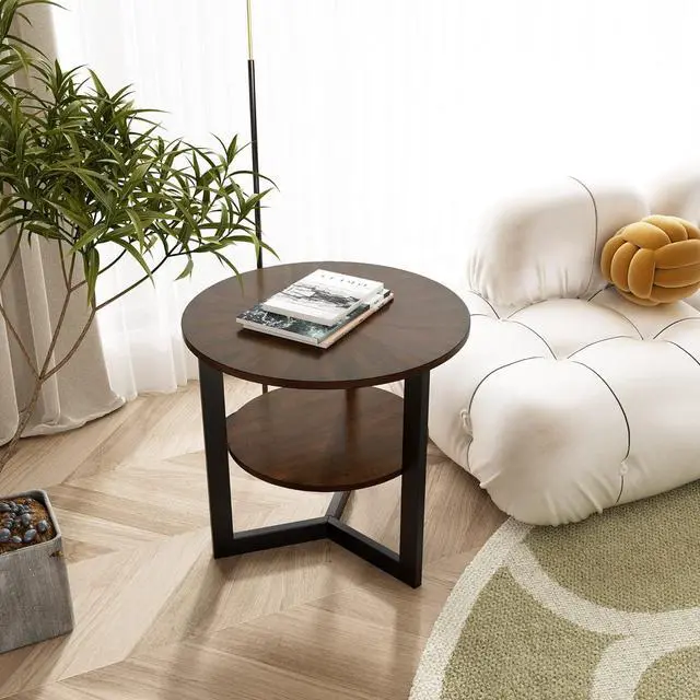 Alt view image 5 of 7 - MODERION Large End Table with Storage Shelf Rustic Circular Sofa Side Table with Black Metal Legs Solid Wood Nightstand Telephone Table for Living Room Bedroom 25.2D x 24H Natural Brown CJZ1338NC