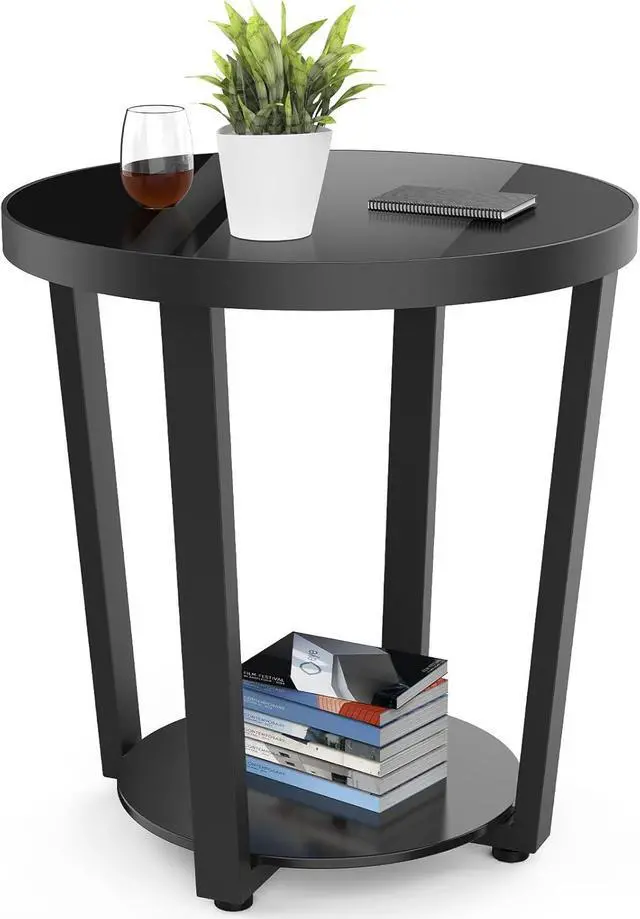 Main image of Round End Table, Tempered Glass End Table with Metal Frame, Small Coffee Table, Black Sofa Side Table for Living Room, Balcony, Bedroom