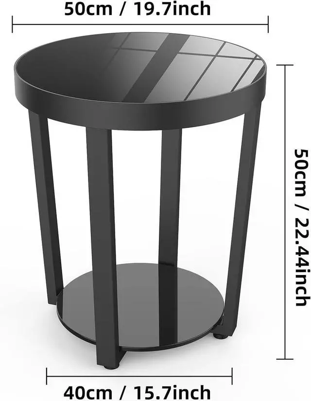Alt view image 3 of 7 - Round End Table, Tempered Glass End Table with Metal Frame, Small Coffee Table, Black Sofa Side Table for Living Room, Balcony, Bedroom