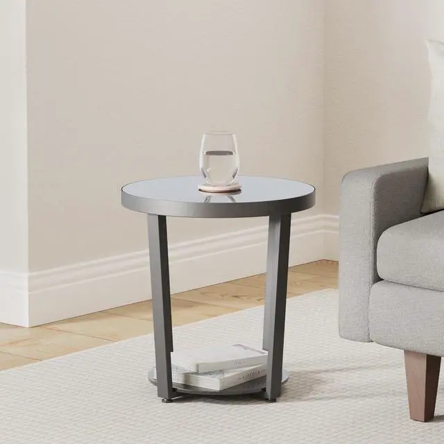 Alt view image 2 of 7 - Round End Table, Tempered Glass End Table with Metal Frame, Small Coffee Table, Black Sofa Side Table for Living Room, Balcony, Bedroom